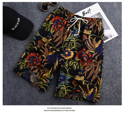 Summer new cotton and linen printed five-point men's beach pants casual sports loose plus size shorts men's thin fashion