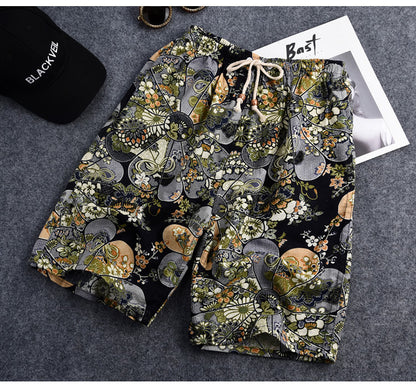 Summer new cotton and linen printed five-point men's beach pants casual sports loose plus size shorts men's thin fashion
