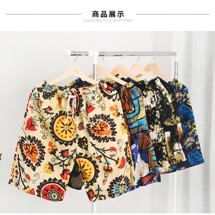 Summer new cotton and linen printed five-point men's beach pants casual sports loose plus size shorts men's thin fashion