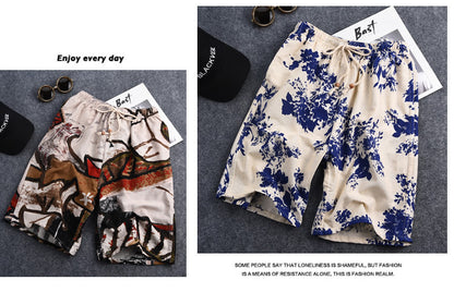 Summer new cotton and linen printed five-point men's beach pants casual sports loose plus size shorts men's thin fashion