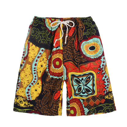 Summer new cotton and linen printed five-point men's beach pants casual sports loose plus size shorts men's thin fashion