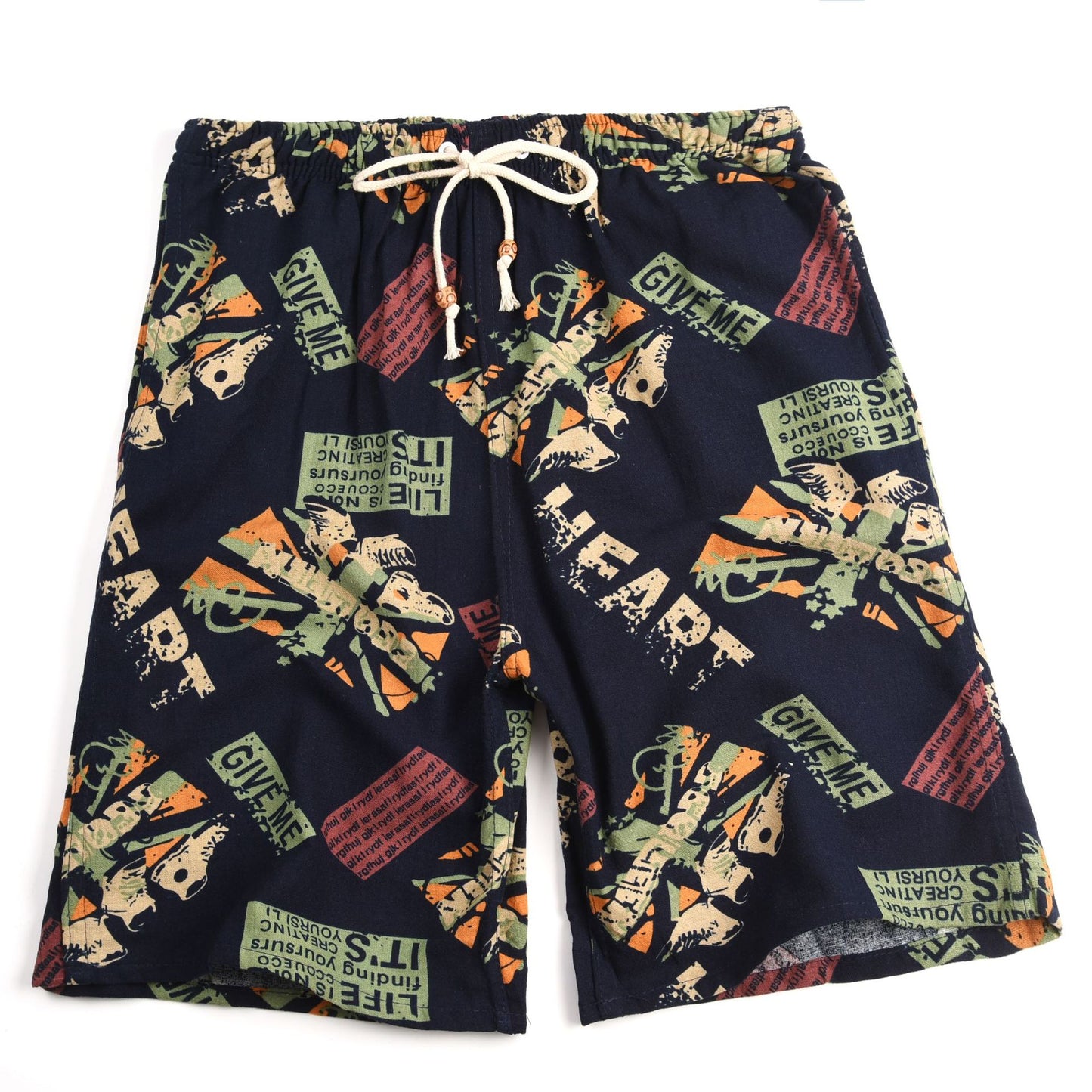 Summer new cotton and linen printed five-point men's beach pants casual sports loose plus size shorts men's thin fashion