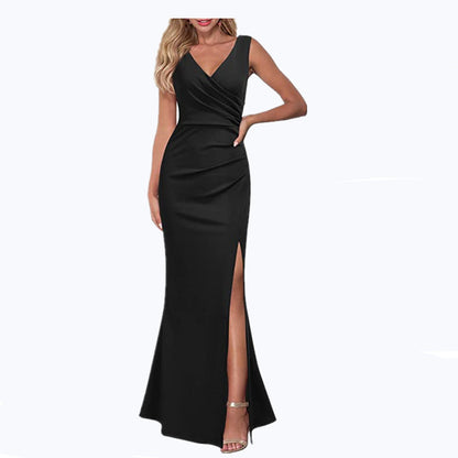 2024 Cross-Border Women's Sleeveless V Neck Slit Evening Dress Cocktail Party Dress