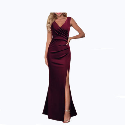 2024 Cross-Border Women's Sleeveless V Neck Slit Evening Dress Cocktail Party Dress