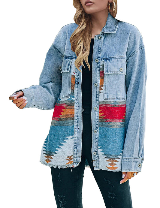Lumister Aztec Denim Jacket Distressed Lapel Long Sleeve Vintage Button Down Denim Jacket Shacket(0007-Blue-S)
