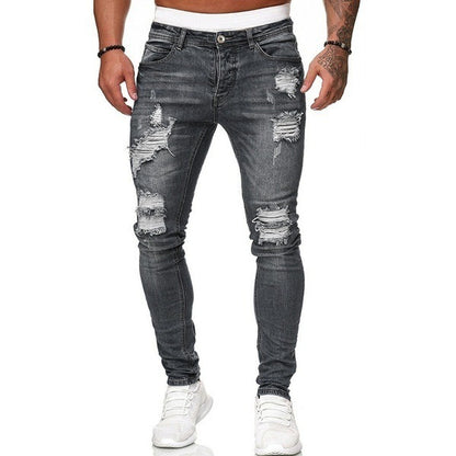 New Trendy Aliexpress European and American Slim-Fit Men's Jeans with Holes, Export Quality Slim-Fit Jeans for Wish Cross-Border Sales