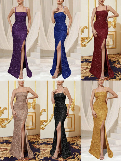 Amazon cross-border summer new European and American women's high waist sexy fashion dress strap sequin split dress