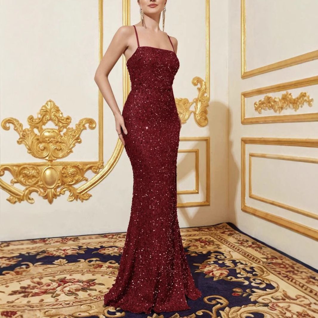 Amazon cross-border summer new European and American women's high waist sexy fashion dress strap sequin split dress