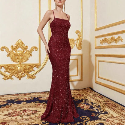 Amazon cross-border summer new European and American women's high waist sexy fashion dress strap sequin split dress