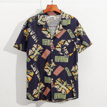 Summer new cotton and linen printed five-point men's beach pants casual sports loose plus size shorts men's thin fashion