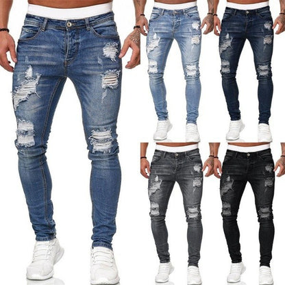 New Trendy Aliexpress European and American Slim-Fit Men's Jeans with Holes, Export Quality Slim-Fit Jeans for Wish Cross-Border Sales