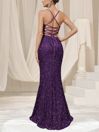 Amazon cross-border summer new European and American women's high waist sexy fashion dress strap sequin split dress