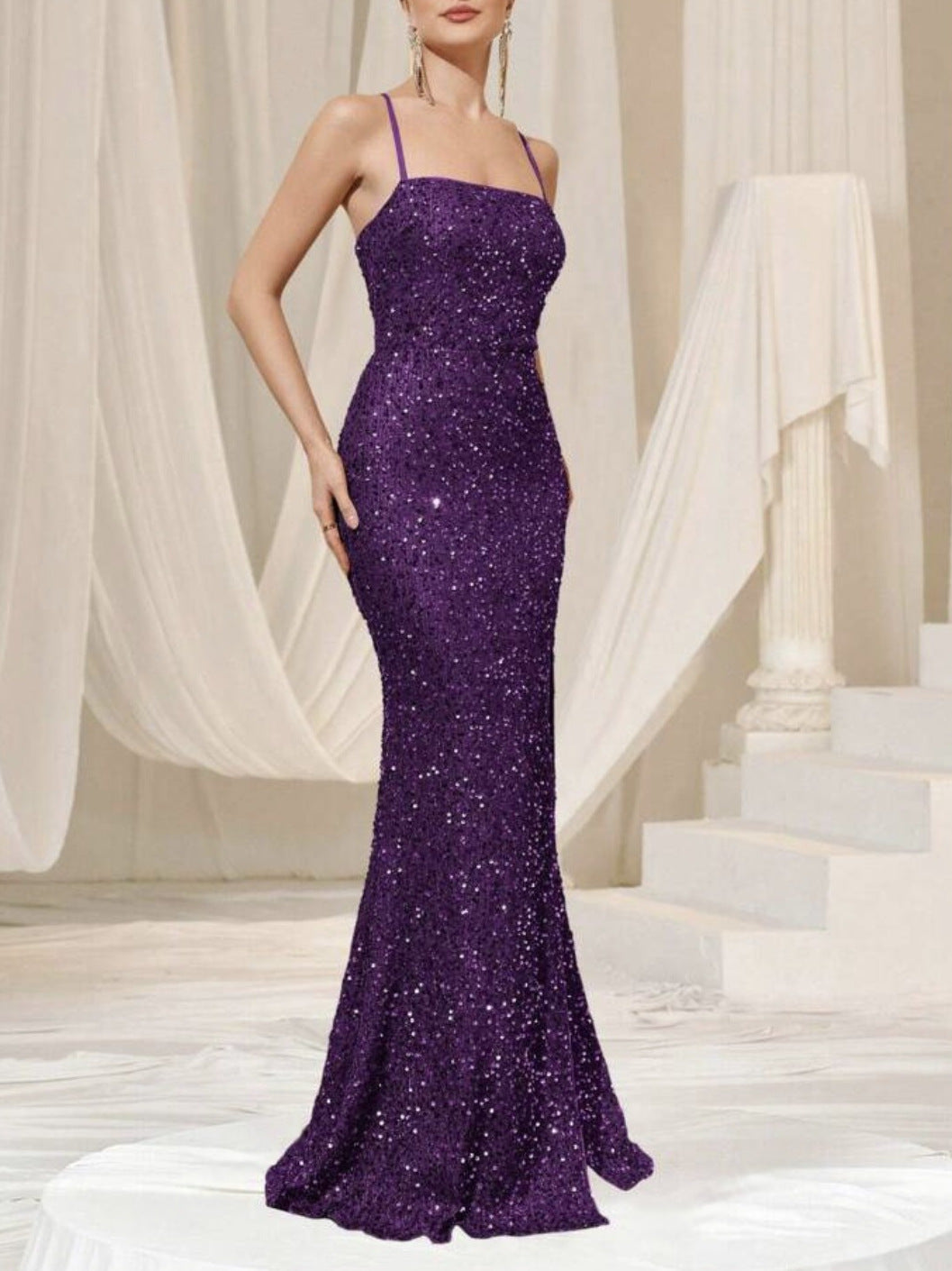 Amazon cross-border summer new European and American women's high waist sexy fashion dress strap sequin split dress