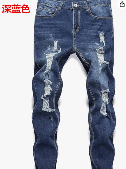New Trendy Aliexpress European and American Slim-Fit Men's Jeans with Holes, Export Quality Slim-Fit Jeans for Wish Cross-Border Sales