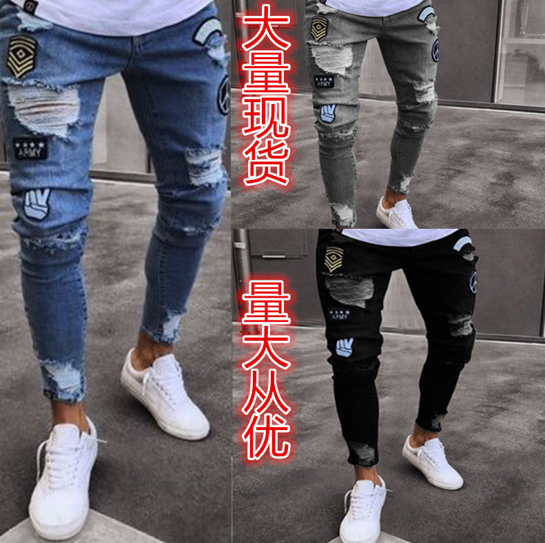 New Trendy Aliexpress European and American Slim-Fit Men's Jeans with Holes, Export Quality Slim-Fit Jeans for Wish Cross-Border Sales
