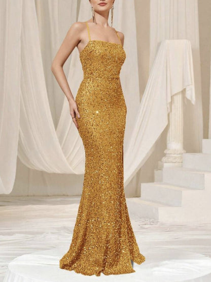 Amazon cross-border summer new European and American women's high waist sexy fashion dress strap sequin split dress