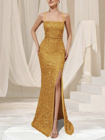 Amazon cross-border summer new European and American women's high waist sexy fashion dress strap sequin split dress