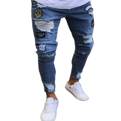 New Trendy Aliexpress European and American Slim-Fit Men's Jeans with Holes, Export Quality Slim-Fit Jeans for Wish Cross-Border Sales
