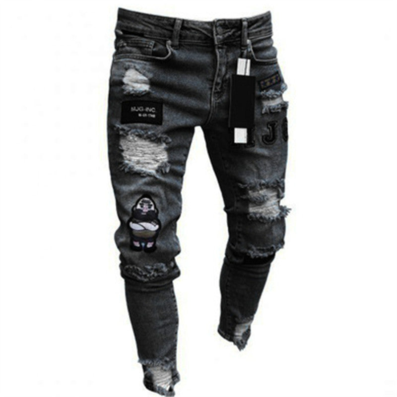 New Trendy Aliexpress European and American Slim-Fit Men's Jeans with Holes, Export Quality Slim-Fit Jeans for Wish Cross-Border Sales