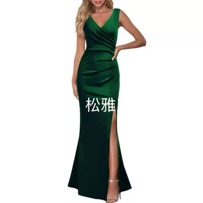 2024 Cross-Border Women's Sleeveless V Neck Slit Evening Dress Cocktail Party Dress