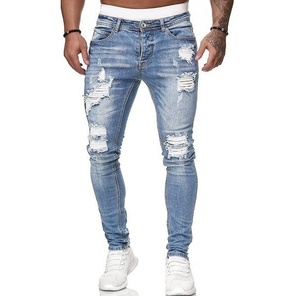New Trendy Aliexpress European and American Slim-Fit Men's Jeans with Holes, Export Quality Slim-Fit Jeans for Wish Cross-Border Sales