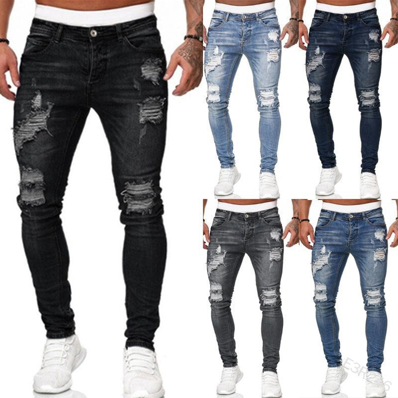 New Trendy Aliexpress European and American Slim-Fit Men's Jeans with Holes, Export Quality Slim-Fit Jeans for Wish Cross-Border Sales