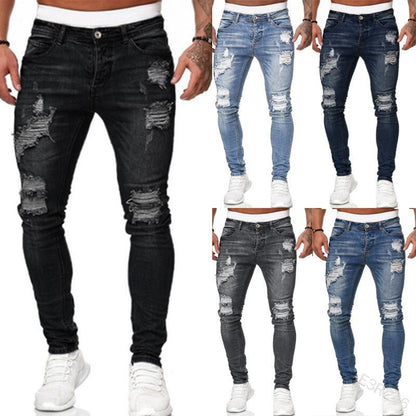 New Trendy Aliexpress European and American Slim-Fit Men's Jeans with Holes, Export Quality Slim-Fit Jeans for Wish Cross-Border Sales