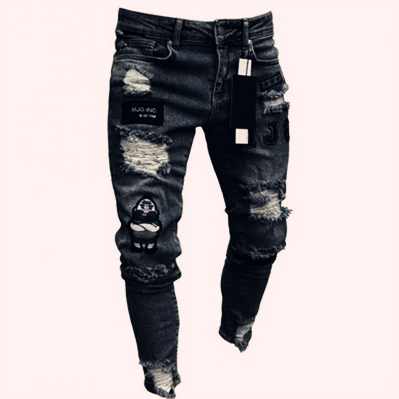 New Trendy Aliexpress European and American Slim-Fit Men's Jeans with Holes, Export Quality Slim-Fit Jeans for Wish Cross-Border Sales