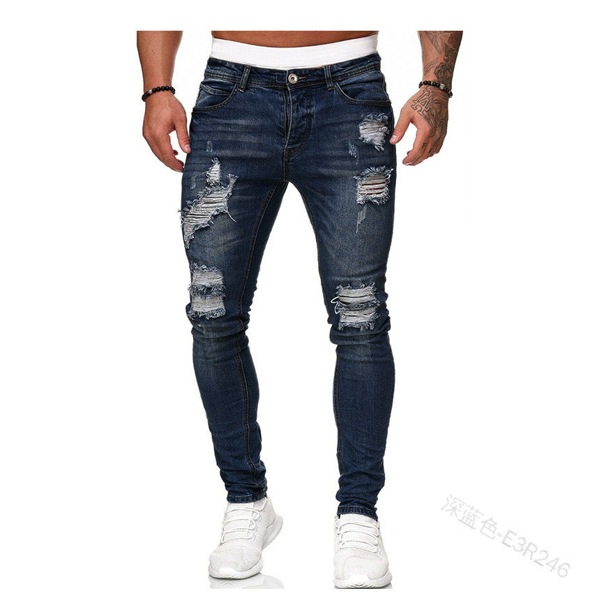 New Trendy Aliexpress European and American Slim-Fit Men's Jeans with Holes, Export Quality Slim-Fit Jeans for Wish Cross-Border Sales