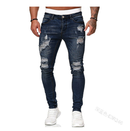 New Trendy Aliexpress European and American Slim-Fit Men's Jeans with Holes, Export Quality Slim-Fit Jeans for Wish Cross-Border Sales