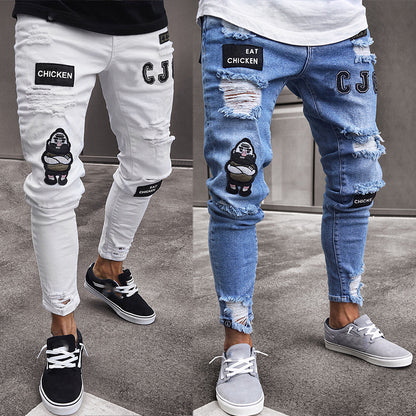 New Trendy Aliexpress European and American Slim-Fit Men's Jeans with Holes, Export Quality Slim-Fit Jeans for Wish Cross-Border Sales