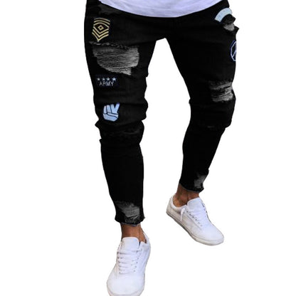 New Trendy Aliexpress European and American Slim-Fit Men's Jeans with Holes, Export Quality Slim-Fit Jeans for Wish Cross-Border Sales