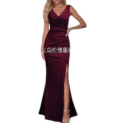2024 Cross-Border Women's Sleeveless V Neck Slit Evening Dress Cocktail Party Dress