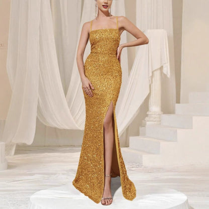 Amazon cross-border summer new European and American women's high waist sexy fashion dress strap sequin split dress