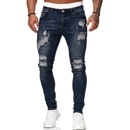 New Trendy Aliexpress European and American Slim-Fit Men's Jeans with Holes, Export Quality Slim-Fit Jeans for Wish Cross-Border Sales