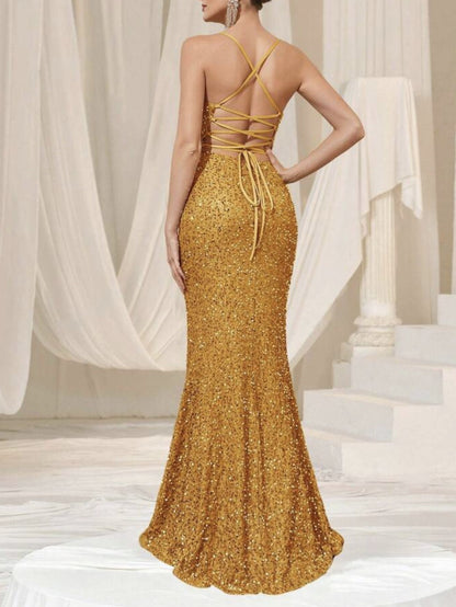 Amazon cross-border summer new European and American women's high waist sexy fashion dress strap sequin split dress