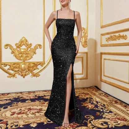 Amazon cross-border summer new European and American women's high waist sexy fashion dress strap sequin split dress
