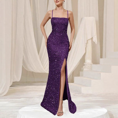 Amazon cross-border summer new European and American women's high waist sexy fashion dress strap sequin split dress