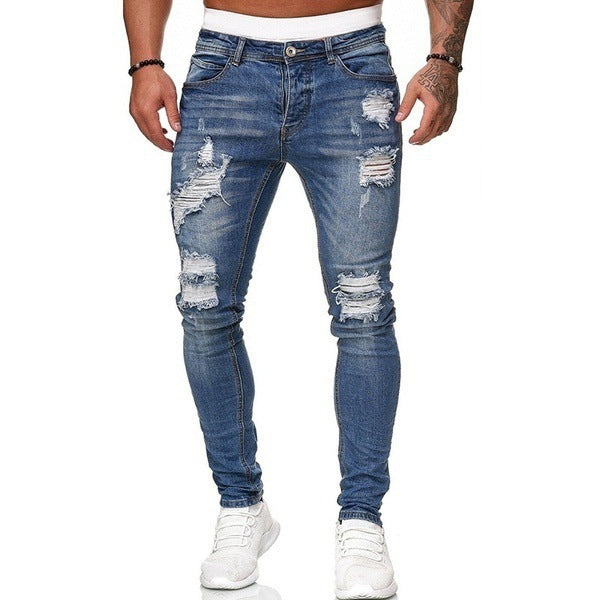 New Trendy Aliexpress European and American Slim-Fit Men's Jeans with Holes, Export Quality Slim-Fit Jeans for Wish Cross-Border Sales