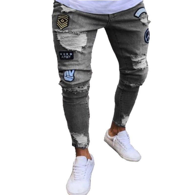 New Trendy Aliexpress European and American Slim-Fit Men's Jeans with Holes, Export Quality Slim-Fit Jeans for Wish Cross-Border Sales