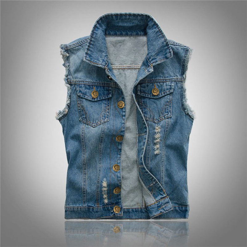 Men's Ripped Denim Vest Spring Summer Autumn Korean Men's Foreign Trade Waistcoat Slim-fit Vest Top