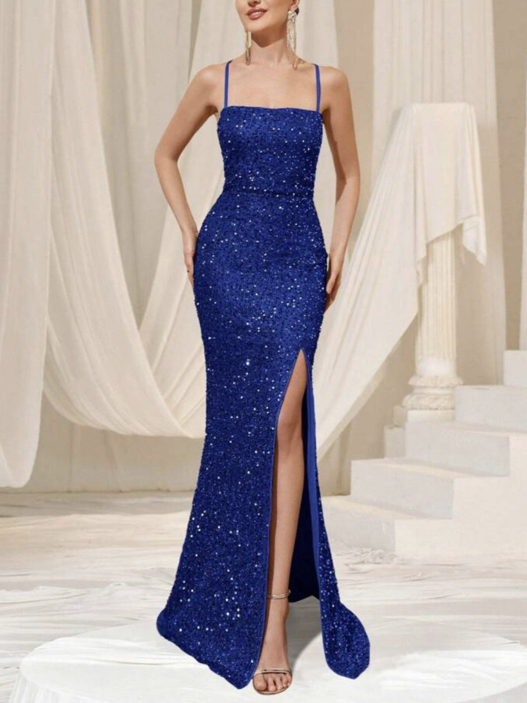 Amazon cross-border summer new European and American women's high waist sexy fashion dress strap sequin split dress
