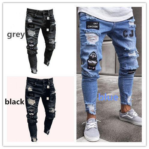 New Trendy Aliexpress European and American Slim-Fit Men's Jeans with Holes, Export Quality Slim-Fit Jeans for Wish Cross-Border Sales