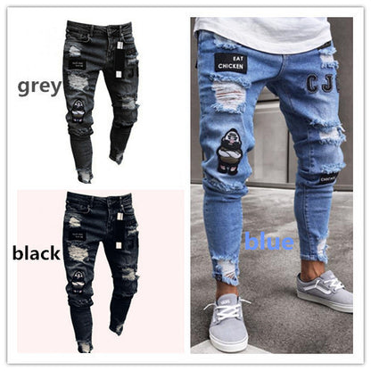 New Trendy Aliexpress European and American Slim-Fit Men's Jeans with Holes, Export Quality Slim-Fit Jeans for Wish Cross-Border Sales