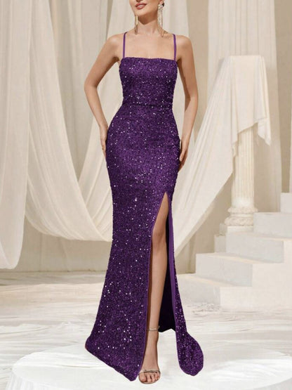 Amazon cross-border summer new European and American women's high waist sexy fashion dress strap sequin split dress