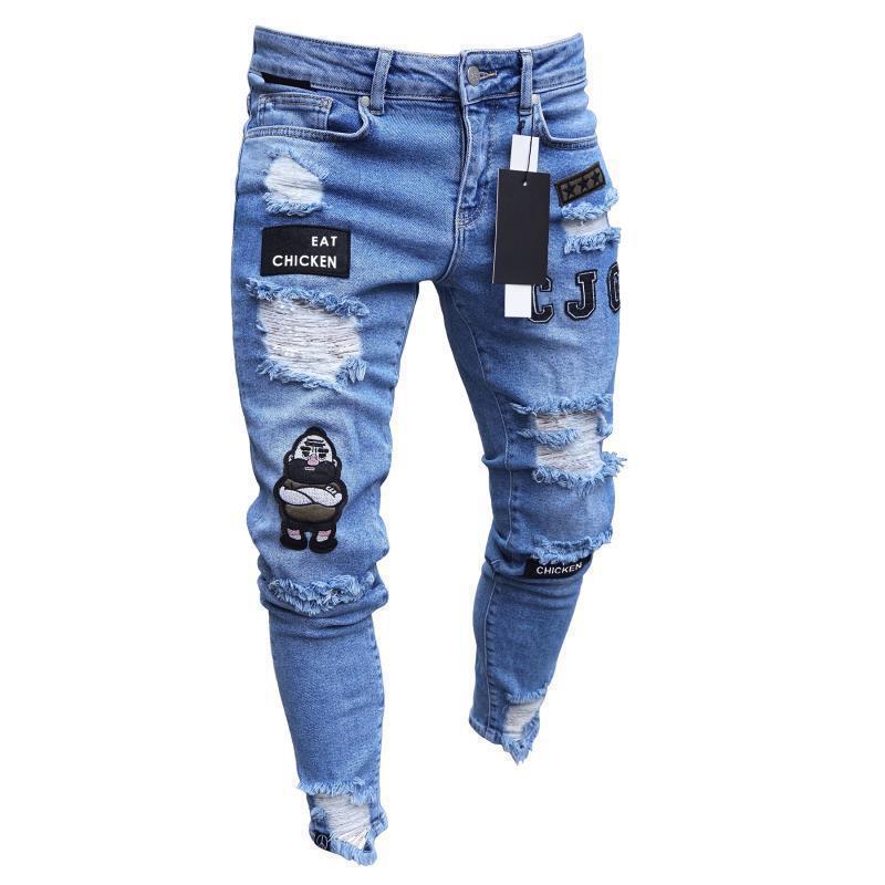 New Trendy Aliexpress European and American Slim-Fit Men's Jeans with Holes, Export Quality Slim-Fit Jeans for Wish Cross-Border Sales