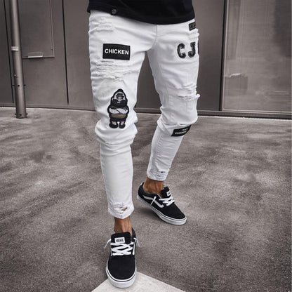 New Trendy Aliexpress European and American Slim-Fit Men's Jeans with Holes, Export Quality Slim-Fit Jeans for Wish Cross-Border Sales