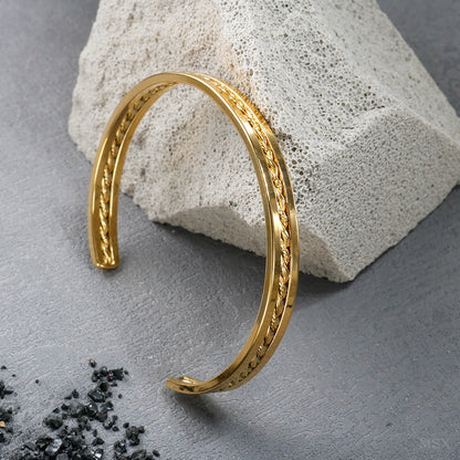 Beads Punk Gold Plated Thick Textured Open Bracelet Bangle for Women Men Trendy Stainless Steel Metal Bracelets