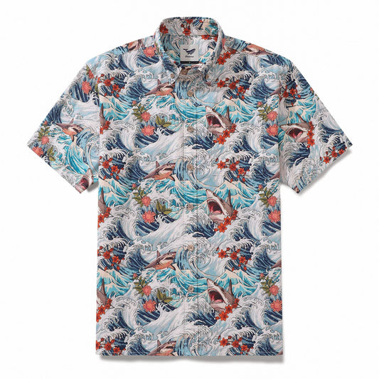 Mens Resort Wear Shirt Turbulence at Sea with Sharks Print Short Sleeve Hawaiian Shirt for Men S
