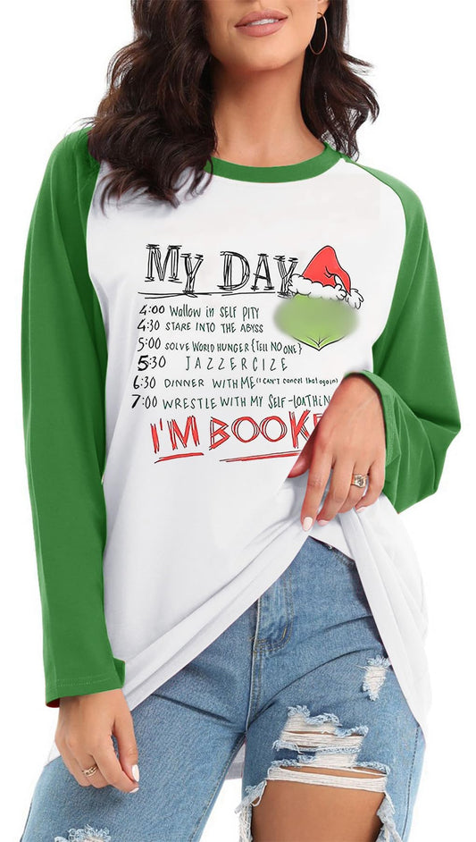 T-Shirt Women Long Sleeve Stole Christmas Funny Printing Unisex Style Girls Ladys i m Booked (US Alpha Large Regular Regular Green)